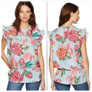 🍑NWT Ella Moon Blue Floral Print Peplum Blouse Small